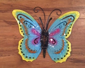 Blue Layered Butterfly Metal Wall Decor With Cutouts and Multi layered Wing That gives depth with Pink, yellow, orange shades