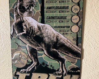 Jurassic Park T REX Dinosaur Metal Wall Decor Sign 12 x 8 Army Green and Black Colors. Indominus Rex, Carnivor Dino