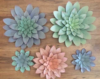 Succulent Flower Metal Wall Art Decor Boho Style Wall Hanging With 5 Flowers With Hughes of Mint, Lilac, Peach, Turq, Blue,Green, Purple,