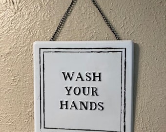 White Background with Black Letters Wash Your Hands Sign for Bathroom Metal Painted