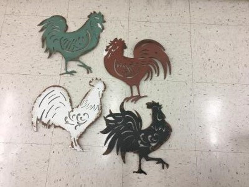 Set of 4 Metal Rooster Wall Art Burgundy White Teal and Etsy