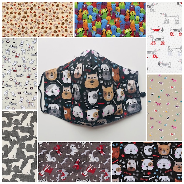 Contour Face Masks for Dog Lovers - 2 Layer Cotton with Fabric Ties or Elastic and Optional Carry Pouch