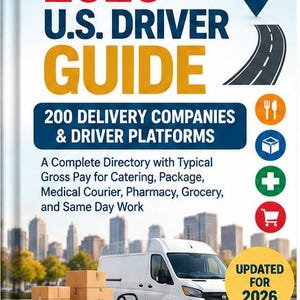 May include: A book cover titled 2026 U.S. Driver Guide featuring a white delivery van, stacked cardboard boxes, and colourful icons representing catering, packages, medical, and grocery services against a city skyline background.