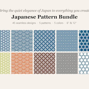 Puede incluir: Una colección digital titulada Japanese Pattern Bundle que incluye 45 diseños continuos, 5 patrones y 5 colores en tamaños de 15 cm y 30 cm. La imagen muestra diez azulejos cuadrados con motivos geométricos en azul, verde, naranja y marrón.