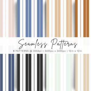 Peut inclure: Une collection de huit motifs à rayures verticales sans couture dans diverses couleurs, dont rose, bleu, beige, marron, bleu marine, noir et menthe. Le texte Seamless Patterns 8 PATTERNS @ 300dpi | 3600px x 3600px | 12in x 12in est centré.