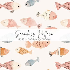 Peut inclure: Un motif répétitif composé de poissons à l'aquarelle dans des tons rose, pêche et bleu sur un fond clair. Le texte "Seamless Pattern 3600 x 3600px @ 300dpi" est centré horizontalement au milieu de l'image.