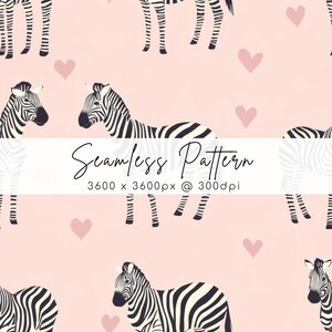 May include: A seamless pattern featuring black and white zebras on a light pink background with scattered pink hearts. The image includes the text Seamless Pattern 3600 x 3600px @ 300dpi centred horizontally across the middle of the design.