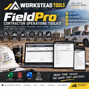 Könnte beinhalten: Ein FieldPro-Toolkit für Bauunternehmer mit einem weißen Schutzhelm, einem schwarzen Becher, einem Laptop mit Tagesbericht, einem Tablet mit einer Inspektionscheckliste für Geräte und einem Smartphone mit Sicherheitscheckliste.
