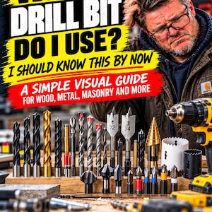 May include: A visual guide titled WHICH DRILL BIT DO I USE? I SHOULD KNOW THIS BY NOW. A SIMPLE VISUAL GUIDE FOR WOOD, METAL, MASONRY AND MORE. The guide features an array of various metal and wood drill bits arranged on a wooden block.