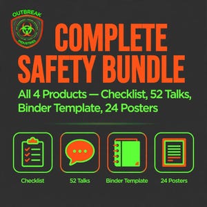 以下が含まれることがあります： Outbreak Industriesのロゴが入った「COMPLETE SAFETY BUNDLE」というタイトルのデジタル画像。チェックリスト、52のトーク、バインダーテンプレート、24のポスターという4つの製品が記載されています。ネオングリーンの輪郭を持つ4つの正方形アイコンが、暗い背景上に各アイテムを表しています。