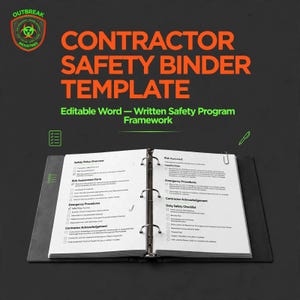 May include: A black three-ring binder containing white pages with printed text titled Contractor Safety Binder Template. The pages feature checklists for safety policy, risk assessment, emergency procedures, and contractor acknowledgement forms.