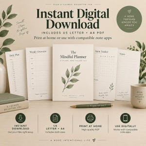Peut inclure: Un ensemble de planificateur numérique intitulé The Mindful Planner, comprenant un plan quotidien, un aperçu hebdomadaire, un suivi d'habitudes et des notes. Design avec feuilles vertes, stylo assorti et texte Instant Digital Download.