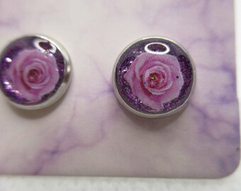 8MM Hypoallergenic Stainless-Steel Small Purple Rose With Some Glitter Stud Earrings (Not a real dried flower)