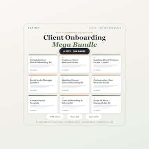 Puede incluir: Un paquete digital Client Onboarding Mega Bundle de Datide que incluye 9 kits y 206 páginas. El documento enumera títulos como Virtual Assistant Client Onboarding Kit, Freelancer Client Welcome Packet, Coaching Client Welcome Packet.