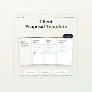 Op de afbeelding: Een digitaal sjabloon voor een klantvoorstel van 19 pagina's met secties voor een voorstelbrief, prijstabel en oplossing en reikwijdte. Het document bevat tekstlabels voor bewerkbare Canva, Google Docs en commercieel gebruik in een neutrale kleur.