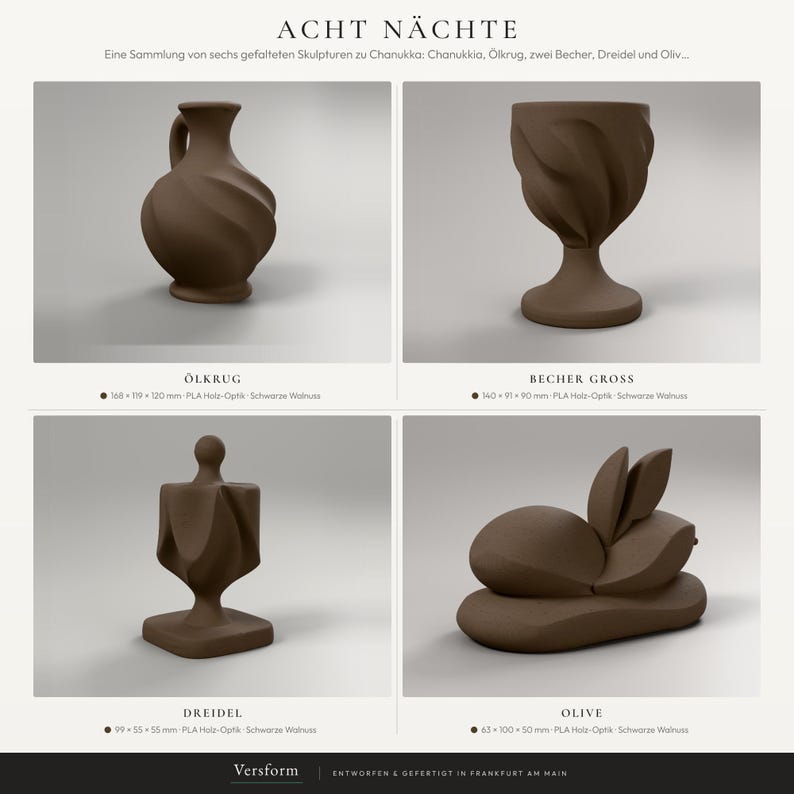 2er-Set Dreidel und Olive Skulptur, Chanukka Deko in Holzoptik, 3D-Druck Judaica Regaldeko – collage
