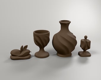 Hanukkah Decor Set of Four Sculptures in Wood Effect, Oil Jug Cup Dreidel Olive, Modern Judaica Shelf Decor