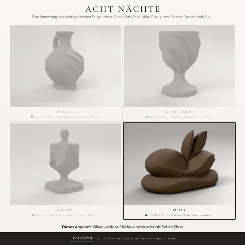 Olive Skulptur in Holzoptik, moderne Deko Skulptur mit Falten, Chanukka Deko für Regal und Schreibtisch – collage-focus