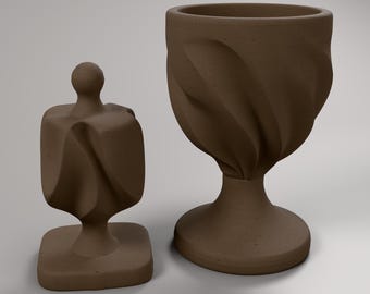 Set of 2 Hanukkah Decor Cup and Dreidel | Wood-Fill Sculpture in Black Walnut | Judaica Gift, 3D Printed