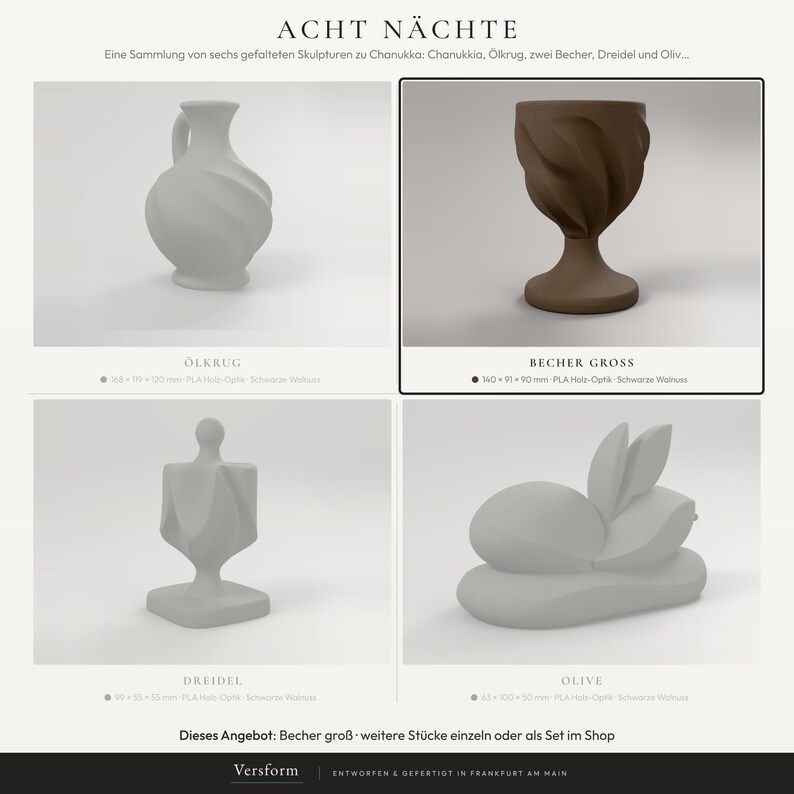 Becher Skulptur in Holzoptik, Chanukka Deko modern, gefaltete Judaica Deko Skulptur für Regal und Sideboard – collage-focus