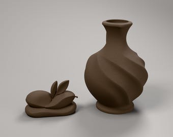 Set of 2 Hanukkah sculptures oil jug and olive, Judaica decor in wood-fill, modern shelf decor and Hanukkah gift