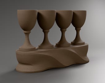 Modern sculpture in wood-fill, four chalices on a base with a folded band, shelf decor and Passover gift