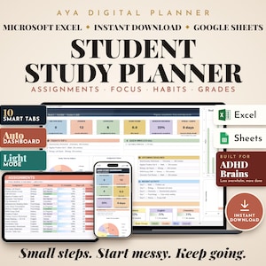 May include: A digital student study planner for Microsoft Excel and Google Sheets featuring an auto dashboard, 10 smart tabs, and light mode. The interface displays assignment status, upcoming deadlines, and habit tracking for ADHD brains.
