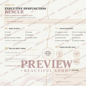 Könnte beinhalten: Ein beigefarbenes, druckbares Arbeitsblatt mit dem Titel Executive Dysfunction Rescue mit Abschnitten zur Aufgabenverwaltung, darunter Name the Noise, Lighten the Weight und Choose One Next Move. Das Dokument enthält Kontrollkästchen und Schreibzeilen.