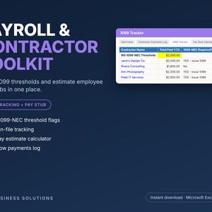 May include: A Payroll & Contractor Toolkit digital spreadsheet template for Microsoft Excel. The dark blue interface displays a 1099 Tracker table with columns for contractor names, total paid YTD, and 1099-NEC requirements, plus feature lists.