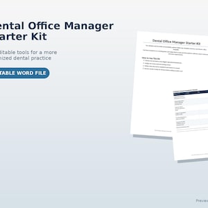 May include: A Dental Office Manager Starter Kit featuring 10 editable tools for dental practices. The document includes a title, instructions, and a Patient Concern Resolution Record. The text is presented in a clean, professional layout.