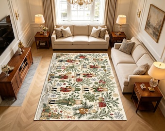 Vintage Christmas Washable Area Rug, Farmhouse Holiday Carpet with Pine, Poinsettia & Plaid Prints, Soft Low Pile Rug , Made in USA