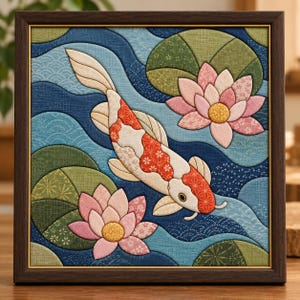 May include: A framed fabric art piece featuring a white and orange koi fish swimming through blue water with green lily pads and pink lotus flowers. The design uses layered fabric textures with intricate patterns in a square wooden frame.