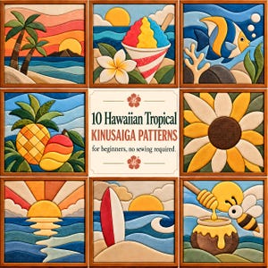 May include: A collection of eight framed Kinusaiga art panels featuring tropical Hawaiian themes including palm trees, shaved ice, a fish, pineapple, mango, sunflower, sunset, surfboard, and a bee with honey, plus a central text sign.