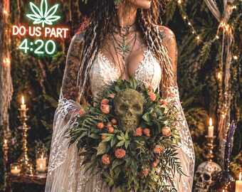 420 Friendly Cannabis Unique Bridal Bouquet When-You-Know Subtle Hint Gothic Skull Moss Herb Halloween Fall Marijuana Weed Wedding April 20