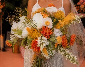 Alternative Fun Bridal Bouquet Bright Yellow, Orange, White Flowers Greenery X-Large Unique Hand-Tied Wedding Bouquet Gothic Natural look