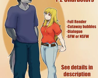 Könnte beinhalten: Eine digitale Illustration mit einer grauen wolfsähnlichen Figur in violettem T-Shirt und blauer Jeans sowie einer blonden Figur in orangefarbenem Shirt und hellblauer Jeans. Text: Full Scene Illustration: 1-2 Characters, Full Render, Cutaway bubbles, Dialogue, SFW or NSFW, See details in description.