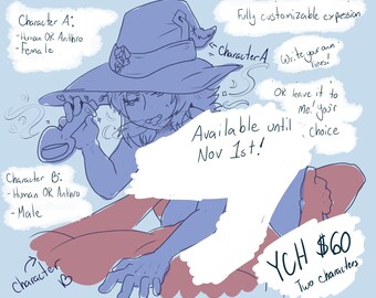 Könnte beinhalten: Eine digitale Skizze mit zwei Figuren, von denen eine einen breitkrempigen Hut trägt und eine Flasche hält. Text: Character A: Human OR Anthro, Female, Character B: Human OR Anthro, Male, Fully customizable expression, Write your own lines!, OR leave it to me!, your choice, Available until Nov 1st!, YCH $60, Two characters.