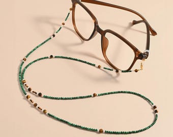 Boho brillenketting van malachiet, brillenhouder van tijgeroogsteen, handgemaakte brillenkoord met kralen, zonnebrilkoord, cadeau voor haar