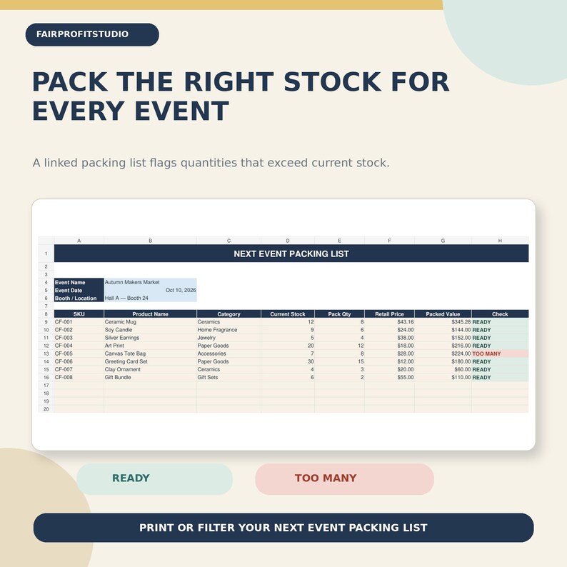 Craft Fair Inventory and Restock Planner, Vendor Stock Excel Template ...