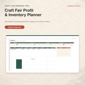 Puede incluir: Una hoja de cálculo digital Craft Fair Profit & Inventory Planner para creadores y vendedores de mercado. La interfaz muestra un panel con columnas para ventas brutas, beneficio neto, unidades vendidas, valor de inventario y un gráfico.