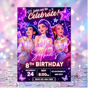 May include: A birthday invitation card featuring three animated characters in white outfits with gold accents. The text reads: join us to Celebrate! Sophia's 8TH BIRTHDAY, SATURDAY MAY 24 8:00PM, 123 ANYWHERE ST. ANY CITY, RSVP: 123-456-7890. Purple stars and balloons.