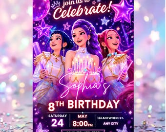K-Pop-Geburtstagseinladung im Dämonenjäger-Stil, bearbeitbare Canva-Vorlage, Partyeinladung im K-Pop-Dämonenjäger-Stil, lila-neonfarbener Geburtstag, digitaler Download