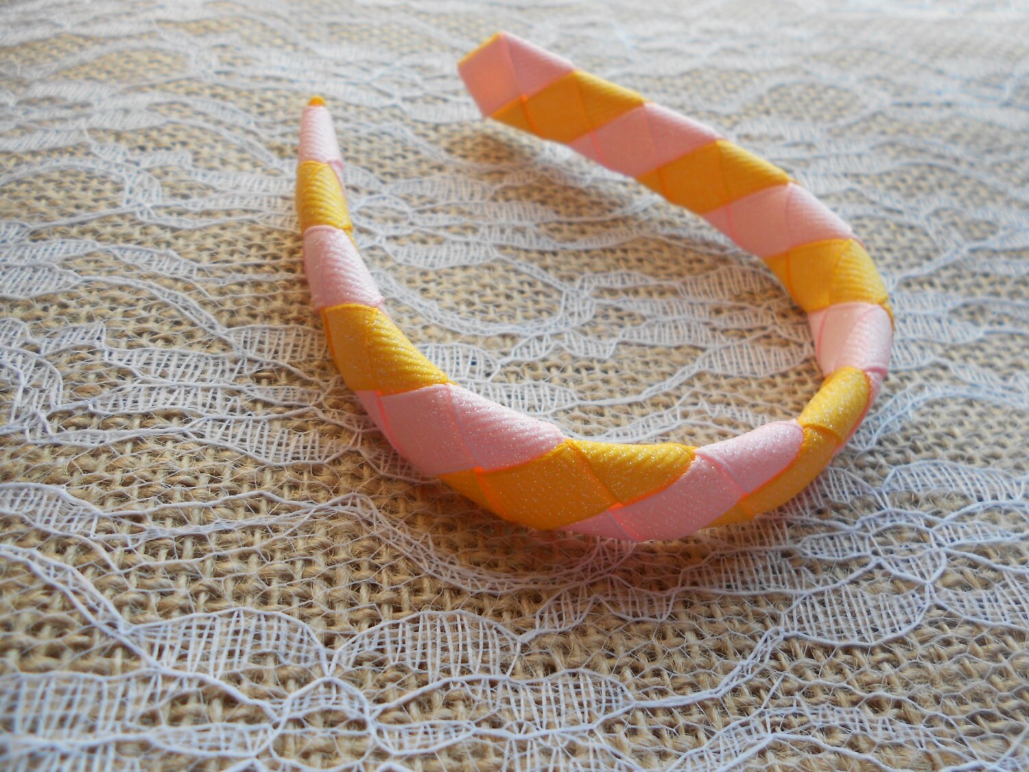 Pink and Yellow woven headband for American Girl and other Etsy