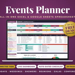May include: A digital events planner spreadsheet for Excel and Google Sheets displayed on a laptop screen. The interface features a dashboard with task lists, budget tracking, and progress bars. Text includes Nook to Nova, Events Planner, and Try It Free Demo.