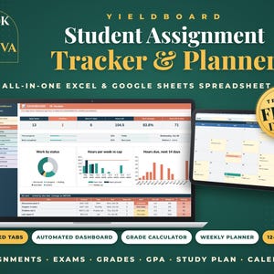 May include: A digital student assignment tracker and planner spreadsheet for Excel and Google Sheets. The interface displays a dashboard with charts, a calendar view, and a gold circular badge that reads Try It Free Demo.