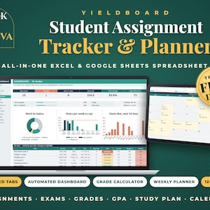 May include: A digital student assignment tracker and planner spreadsheet for Excel and Google Sheets. The display shows a dashboard with charts, a calendar, and task lists. Text includes Nook to Nova, Yieldboard, and Try It Free Demo.