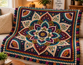 May include: A square crochet blanket featuring a central mandala design with layered petals in shades of navy blue, cream, magenta, teal, and olive green. The border is finished with a textured row of small, colorful, spherical crochet bobbles.