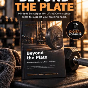May include: A digital PDF guide titled Beyond the Plate, Mindset Strategies for Lifting Consistency. The cover features a barbell on a gym floor, text detailing a 14-page workbook edition with worksheets and a 4-week plan for training habits.