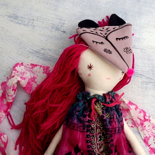 Pink Girl Doll/ Fox Mask/ Masked Doll/ Stuffed Doll/ Handmade Dolly/ Soft Girl Doll/ Best Friend For Girl/ OOAK Doll / Art Doll /