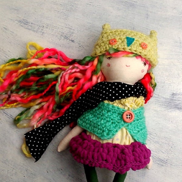 Owl Doll/ OOAK Doll/ Handmade Doll/ Whimsical Owl Doll/ Owl Hat/ Rag Doll